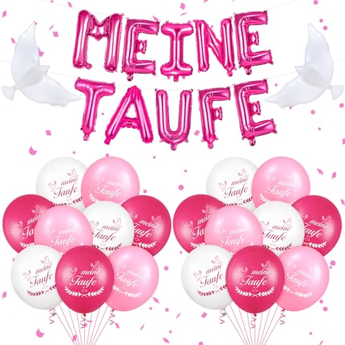 Meine Taufe Deko Mädchen,Rosa Meine Taufe Girlande Ballon Banner und 18 Stück Meine Taufe Luftballons, 2 Stück Tauben Folienballons für Frauen Mädchen Taufe Deko Taufe Kommunion Deko von RUMIA