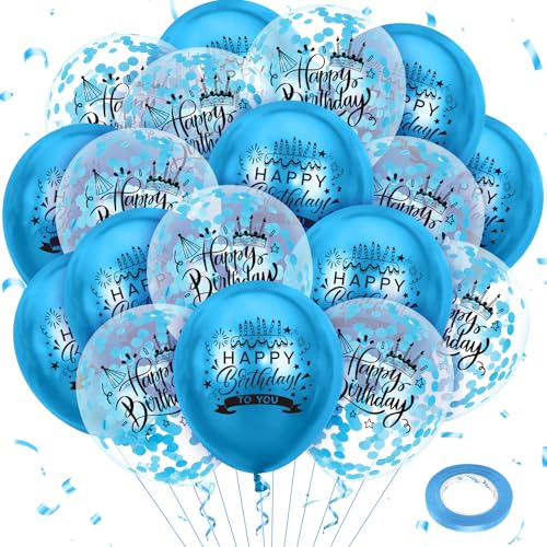 18 Stück Luftballons Geburtstag Blau Happy Birthday Helium Ballons 12 Zoll Konfetti Latexballons Metallische Blau Party Dekoration für Geburtstagsdeko Jungen Mädchen Frauen Männer von RUMIA