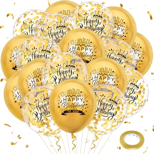 18 Stück Luftballons Geburtstag Gold Happy Birthday Helium Ballons 12 Zoll Konfetti Latexballons Metallische Gold Party Dekoration für Geburtstagsdeko Jungen Mädchen Frauen Männer von RUMIA