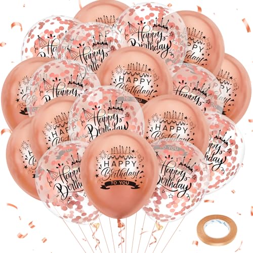 18 Stück Luftballons Geburtstag Roségold Happy Birthday Helium Ballons 12 Zoll Konfetti Latexballons Metallische Roségold Party Dekoration für Geburtstagsdeko Mädchen Frauen von RUMIA