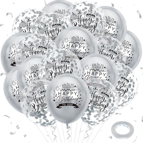 18 Stück Luftballons Geburtstag Silber Happy Birthday Helium Ballons 12 Zoll Konfetti Latexballons Metallische Silber Party Dekoration für Geburtstagsdeko Jungen Mädchen Frauen Männer von RUMIA