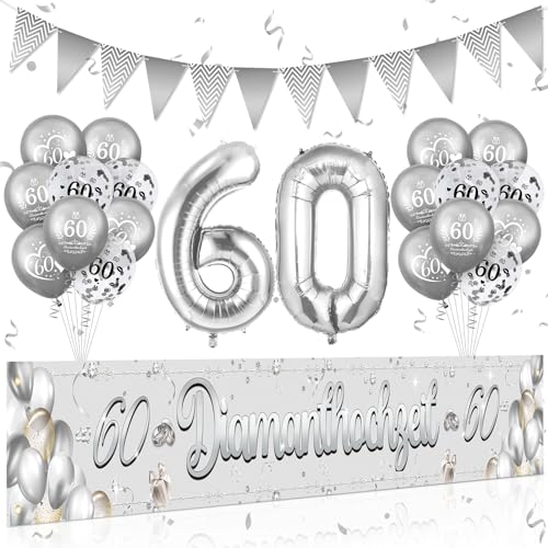 RUMIA 60.Diamantene Hochzeit Deko, Silber 60. Diamant Hochzeit Banner und Silber 60 diamantenen Hochzeit Luftballon für Innen Außen Diamantene Hochzeit Jahrestag Dekoration von RUMIA