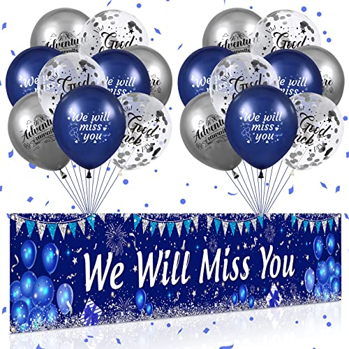 RUMIA Blue We Will Miss You Party-Dekoration, Marineblau, Silber, Aufschrift "We Will Miss You" und 18 Luftballons mit Aufschrift "Good Luck We Will Miss You" für Abschied, Ruhestand, Abschluss, von RUMIA