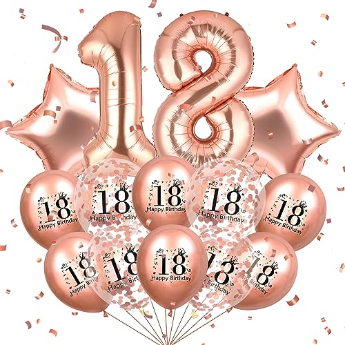 Rose Gold 18. Geburtstag Ballons Dekorationen 40 Zoll große Zahl 18 Folienballons Star Ballons Rose Gold Konfetti 18. Geburtstag Latex-Ballons für Mädchen Jungen Geburtstag Jahrestag Party Supplies von RUMIA