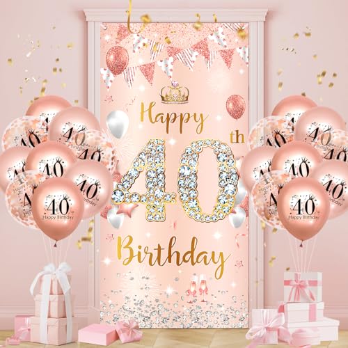 Rose Gold 40th Birthday Decorations for Women, Rose Gold Birthday Door Banner with 18pcs 40th Balloons for Women Happy 40th Birthday Anniversary Party Backdrop Decor Supplies Sign Porch Background von RUMIA