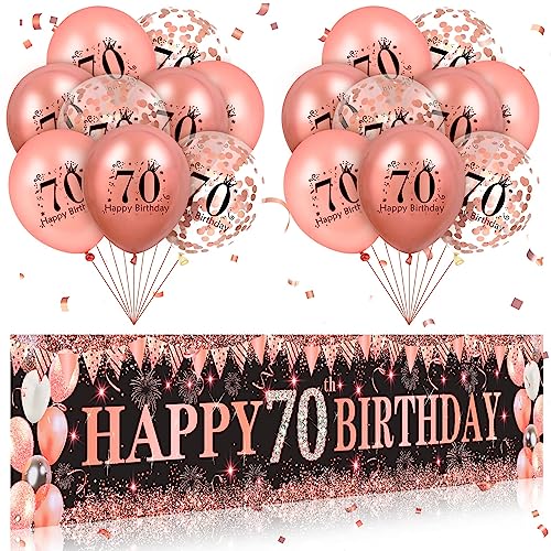 Rose Gold 70th Geburtstag Dekorationen Rose Gold Schwarz Happy 70th Geburtstag Banner und Rose Gold 70th Geburtstag Party Dekorationen Ballons für Frauen Männer 70th Geburtstag Jubiläum Party Zubehör von RUMIA