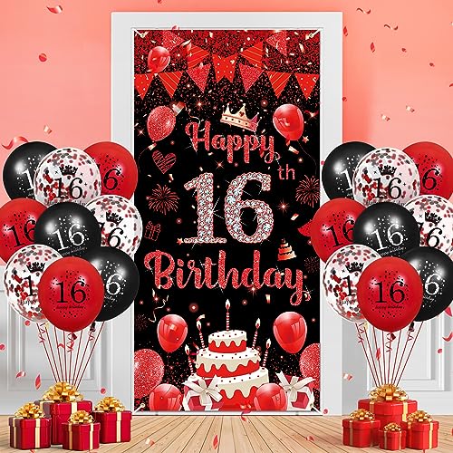 Rot 16. Geburtstag Deko für Jungen Mädchen, Rot Schwarz 16. Jahre Junge Geburtstag Banner Luftballons Dekoration 18Stück 16 Happy Birthday Konfetti Ballons Geburtstag Deko Jahrestag Party Dekorationen von RUMIA