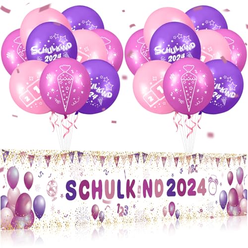 Schulkind Deko 2024 Schulanfang Mädchen 2024 Einschulung Mädchen Deko Einschulungsdeko Mädchen 2024 Schulkind Banner Girlande Luftballons Einschulung Deko Luftballons Schulbanner Dekoration 19 Stück von RUMIA