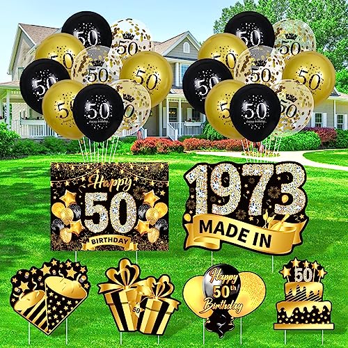 Schwarzes Gold 50. Geburtstag Dekorationen für Männer Frauen 6Pcs schwarzes Gold 50. Geburtstag Hof Zeichen mit Stangen & 18Pcs schwarzes Gold 50. Latex Geburtstag Ballons für 50. Geburtstag Dekor von RUMIA