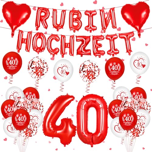 Rubinhochzeit Deko 40. Hochzeitstag Dekorationen Rot 40 Rubin Hochzeit Zahl Foil Jahrestag Luftballons 24 Stück Rubinhochzeit 40 Jahre Herzballons Hochzeitstag Konfetti Ballons für Paar Wedding Deko von RUMIA