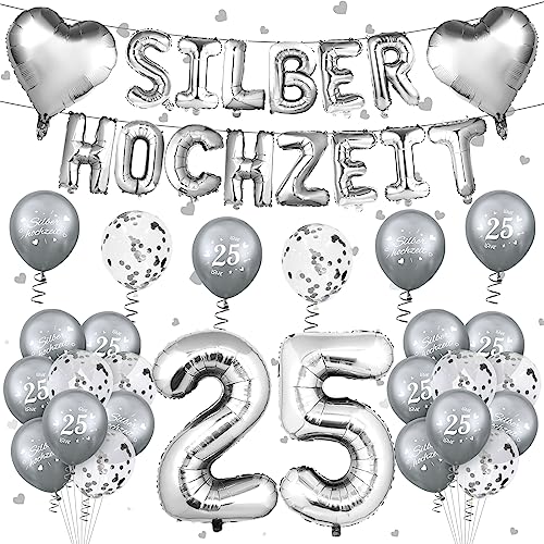 Silberhochzeit 25. Luftballons Dekoration Silber 25. Zahl Foil Jahrestag Luftballons Silberhochzeitstag Deko 24 Stück 25. Hochzeit Hochzeitstag Konfetti Ballons für Silberhochzeitsjubiläum Dekoration von RUMIA