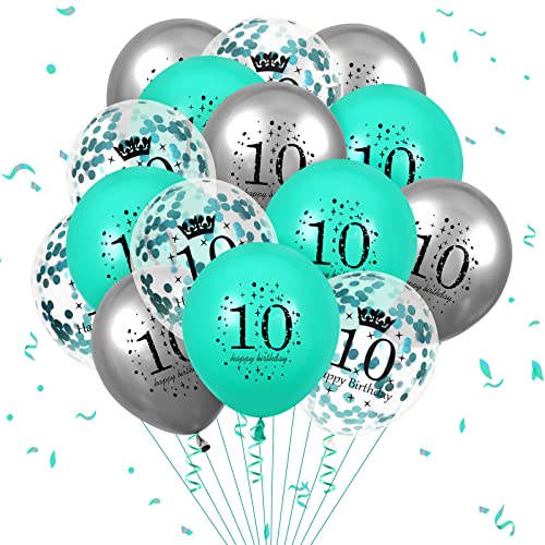 Teal Luftballons 10. Geburtstag Deko, 15 Stück Teal Blau Silber 10. Jahre Junge Luftballons Latex Happy Birthday 10. Geburtstag Konfetti Ballon für Kinder Mädchen Party Geburtstagsdeko Dekorationen von RUMIA