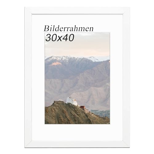 RUN HELIX Bilderrahmen 30 x 40 cm (11.8x15.75inch), Bilderrahmen aus Holz 30x40 mit Passepartout geeignet für 30x40 cm Bildausdruck, Fotorahmen mit fenster für Wandmontage (Weiß) von RUN HELIX