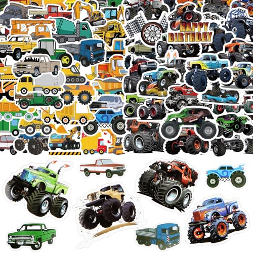 100 Stück Auto Bagger Aufkleber, 50 Baustellenfahrzeug Aufkleber + 50 Monstertruck Aufkleber, Wiederverwendbare Sticker für Laptop Auto Koffer Skateboard Fahrrad Motorrad Party Wand Deko von RUNEAY