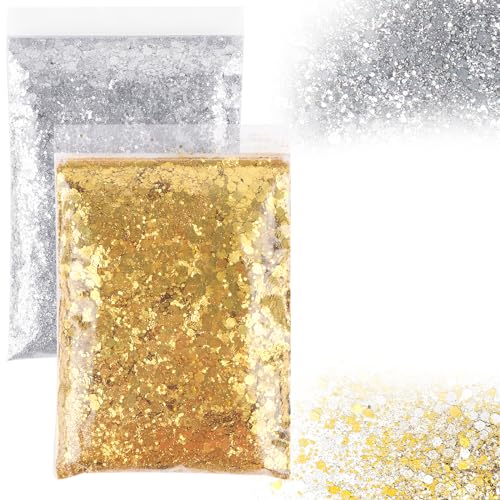 Glitzerpulver 100g/3.5oz,Glitzerpuder Silber Glitzer Gold Glitter Pulver Glitzer Basteln für DIY Nägel Gesicht Makeup Gesicht Kartenbasteln Handwerk,(Gold + Silber) von RUNEAY