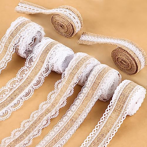 Juteband mit Spitze Weiß 7 Rollen x 2m, RUNEAY Juteband Vintage Spitzenband Hochzeit Deko, Vintage Deko, Juteband Weiß Spitzenband, Dekoband mit Spitze Weiß für Hochzeit, DIY, Geburtstag von RUNEAY