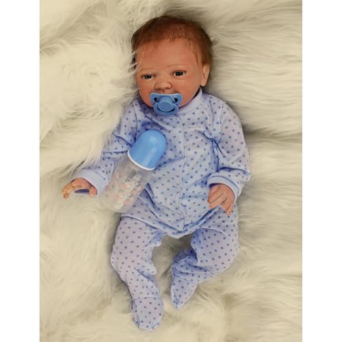 RUNGQIANY Realistische Baby-Puppe 50 cm, Blaue Sternchen-Kleidung, mit Schnuller und Fläschchen Lebensechte Babypuppe,Reborn Baby Doll Boy Soft Vinyl Silicone Babies Girls Boys Toddler Doll 20 Inches von RUNGQIANY