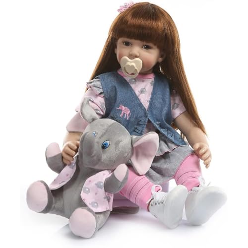 22 Zoll 55 CM Realistische Puppe Plüschelefant, Braunes Haar, Kleidung in Rosa und Blau Lebensecht Neugeborene Mädchenpuppen Kuschelkörper Silikon Baby Puppen Wie Echt Babypuppe Reborn Baby Mädchen von RUNGQIANY