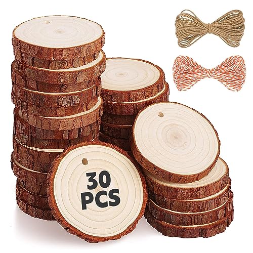 RUNMKUO Holzscheiben 30 Stücke Holz Log Scheiben 6-7cm mit Loch Unvollendete Holzkreise für DIY Handwerk Holz-Scheiben Hochzeit Mittelstücke Weihnachten Dekoration Baumscheibe von RUNMKUO