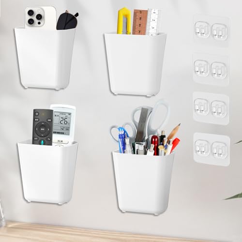 4 Stück Selbstklebendes-Aufbewahrungskorb, Plastik Organizer Aufbewahrungsbox für Kleine Gegenstände und Müll, Wandmontierte Becherhalter für Badezimmer, Küchen, Büro, Schrank, Kühlschrank(weiß) von RUNQIN OUTDOOR