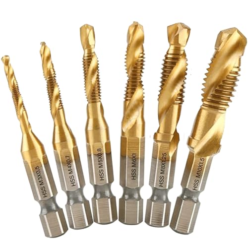 6Pcs HSS Metall 1/4" Bohrer Gewindebohrer Set, M3 M4 M5 M6 M8 M10 Metrisches Gewinde Spiralschrauben Gewindeschneider, Gewindeschneiden Verschiedener Gewinde Sechskantschaft Titanbeschichtet Kombiset von RUNQIN OUTDOOR