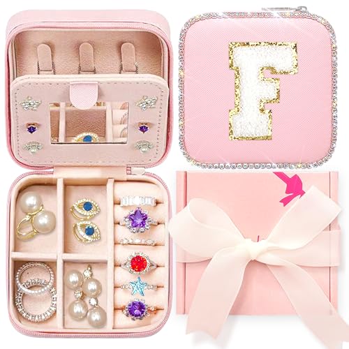 RUPOFUZA Schmuck-Organizer, Geschenk-Box, Schmuckschatulle für Mädchen, Brautparty, Brautjungfer, Antragsgeschenke, Hochzeitsdusche, Brautjungfer-Boxen, Reise-Schmuckkoffer (Buchstabe F) Rosa von RUPOFUZA