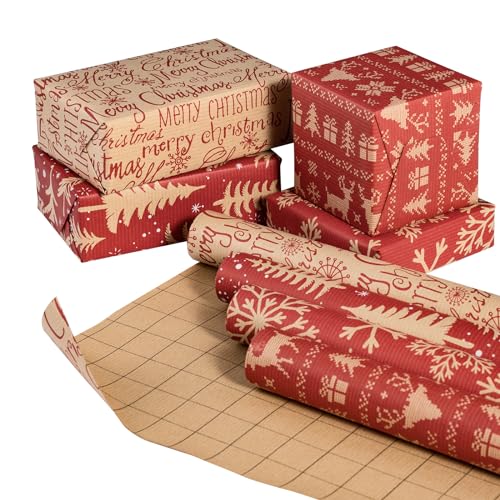 RUSPEPA 4 Rollen Weihnachts-Geschenkpapier aus Kraftpapier – rotes Rentier, Schneeflocke, Weihnachtsbaum und Textdesign – 43,2 cm x 3 m pro Rolle von RUSPEPA