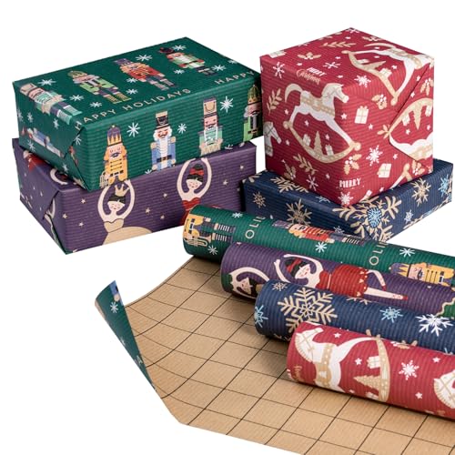 RUSPEPA 4 Rollen Weihnachts-Geschenkpapierrolle aus Kraftpapier – Nussknacker Solider, Trojanisches Pferd, Ballettmädchen und Schneeflocken-Design – 43,2 cm x 3 m pro Rolle von RUSPEPA