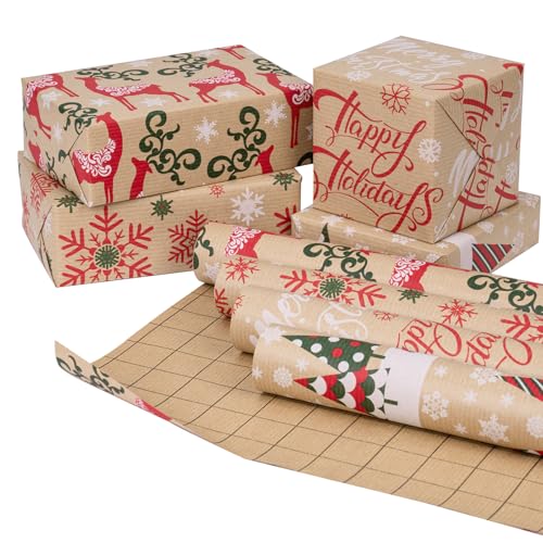 RUSPEPA 4 Rollen Weihnachts-Geschenkpapierrolle aus Kraftpapier – Schneeflocke, Rentier, Weihnachtsbaum und Textdesign – 43,2 cm x 3 m pro Rolle von RUSPEPA