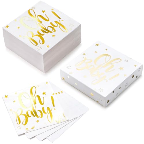 RUSPEPA 50 Stück Babyparty-Servietten – 3-lagige Einweg-Papierservietten, Goldfolie Oh Baby – 16,5x16,5cm/33x33cm(aufgeklappt) von RUSPEPA