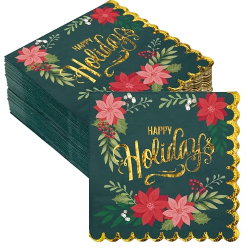 RUSPEPA 50 Stück Blumen-Weihnachtsservietten – Einweg-3-lagige Cocktailserviette aus Papier, Weihnachtsstern mit Frohe Weihnachten – 12,7 x 12,7 cm/25 x 25 cm (aufgeklappt) von RUSPEPA