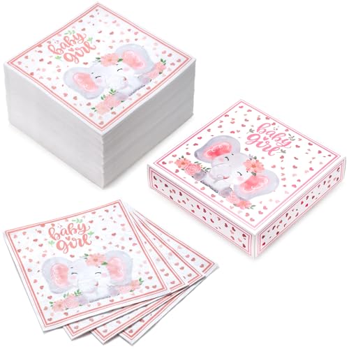 RUSPEPA 50 Stück Servietten für Babymädchen – Einweg-Mittagessenservietten aus 3-lagigem Papier, entzückender rosa Elefant – 16,5 x 16,5 cm/33 x 33 cm (aufgeklappt) von RUSPEPA