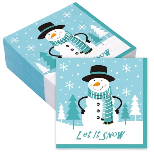 RUSPEPA 50 Stück blaue Schneemann-Weihnachtsservietten – Einweg-Mittagessenserviette aus 3-lagigem Papier, blauer Schneemann mit Buchstaben – 16,5 x 16,5 cm/33 x 33 cm (aufgeklappt) von RUSPEPA