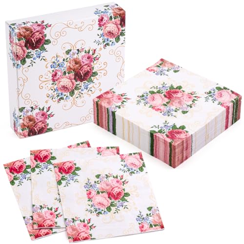 RUSPEPA 50 Stück elegante Blumenservietten – Einwegserviette aus 3-lagigem Papier, perfekt für den täglichen Gebrauch und zum Ausstellen – 16,5 x 16,5 cm/33 x 33 cm (aufgeklappt) von RUSPEPA