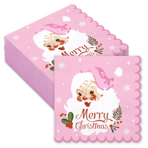 RUSPEPA 50 Stück rosa Weihnachtsservietten mit Weihnachtsmannmotiv – Einweg-3-lagige Lunchserviette aus Papier, rosa Weihnachtsmann mit Frohe Weihnachten – 16,5 x 16,5 cm/33 x 33 cm (aufgeklappt) von RUSPEPA