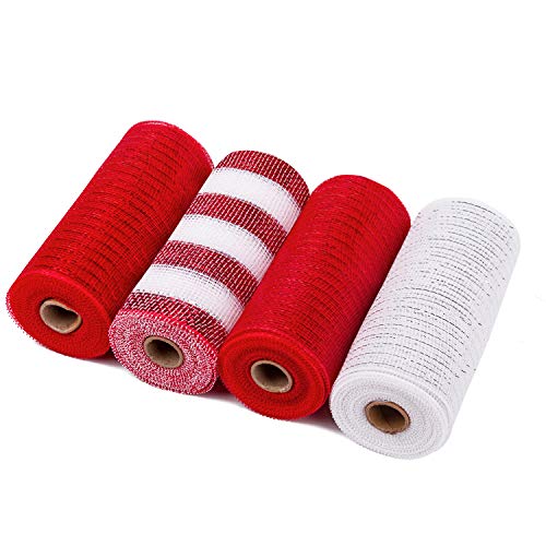 RUSPEPA Deco Poly Mesh Ribbon - 15 cm X 9,14 m Pro Rolle - Metallfolie Rote Und Weiße Rollen Für Kränze, Swags Und Dekorationen - 4Er Pack von RUSPEPA