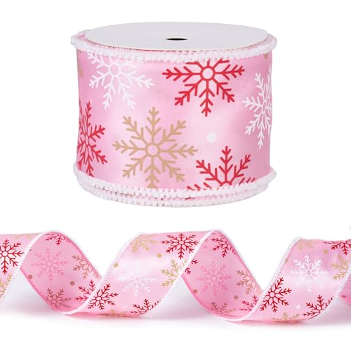 RUSPEPA Drahtgebundenes Weihnachtsband – Rosa Schneeflockenband mit Drahtrand – 2,5 Zoll x 5 Yard pro Rolle von RUSPEPA