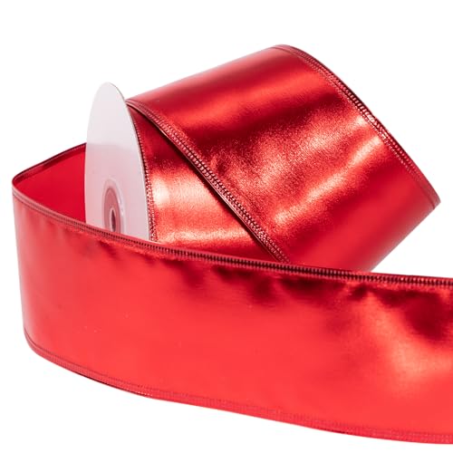 RUSPEPA Drahtgebundenes Weihnachtsband – Rotes Satinband – 2,5 Zoll x 25 Yard pro Rolle – Rote Drahtkante von RUSPEPA