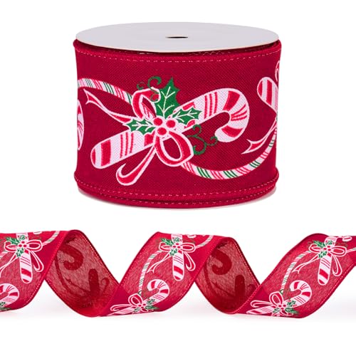 RUSPEPA Drahtgebundenes Weihnachtsband – Rotes Zuckerstangenband mit Drahtrand – 2,5 Zoll x 5 Yard pro Rolle von RUSPEPA