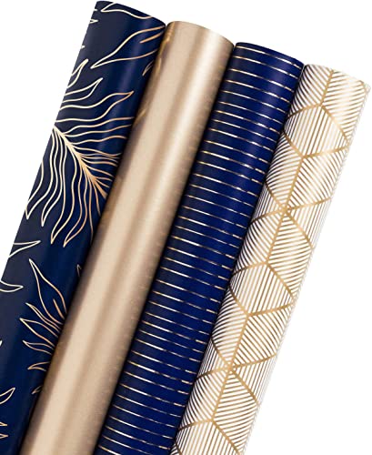 RUSPEPA Geschenkpapierrolle - Gold Und Navy Print Mit Linien Zum Geburtstag, Urlaub, Vatertag, Baby Shower Geschenkpapier - 4 Rollen -76 X 305 cm Pro Rolle von RUSPEPA