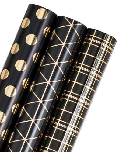 RUSPEPA Geschenkpapierrolle – Mini-Rolle – 3 Rollen – 43,2 cm x 3,05 m pro Rolle – Metallic-Schwarz-Gold-Geometrie-Design für Hochzeit, Urlaub, Party, Babyparty von RUSPEPA