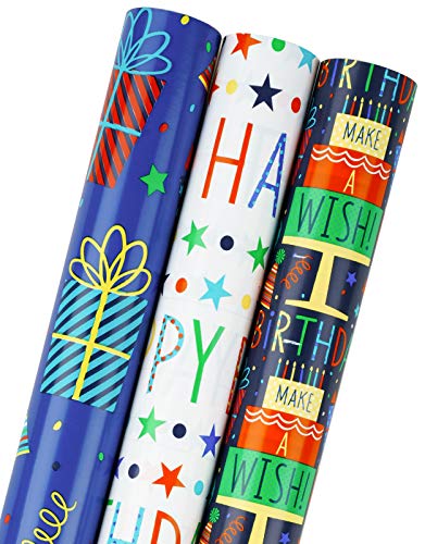 RUSPEPA Geschenkpapierrolle - Mini-Rolle - 43.2 cm X 305 cm Pro Rolle - 3 Verschiedene Geburtstagsdesigns (42,5 Sq. Ft.Ttl.) von RUSPEPA