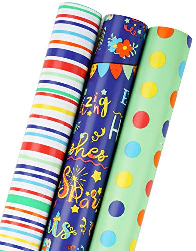 RUSPEPA Geschenkpapierrolle - Mini-Rolle - 43.2 cm X 305 cm Pro Rolle - 3 Verschiedene Geburtstagsdesigns (42,5 Sq. Ft.Ttl.) von RUSPEPA