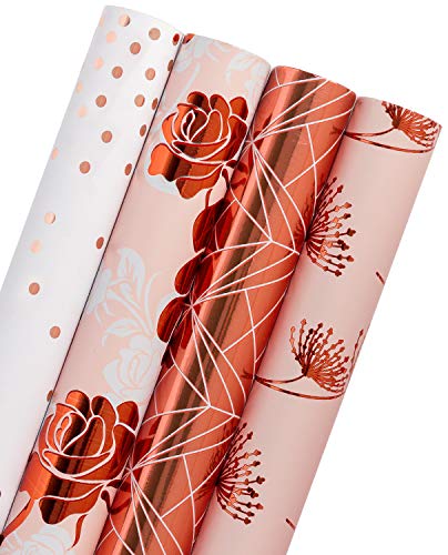 RUSPEPA Geschenkpapierrolle - Rose Gold Blumen, Löwenzahn, Linien Und Tupfen Für Hochzeit, Geburtstag, Babyparty Geschenkpapier - 4 Rollen - 76cm X 305cm Pro Rolle von RUSPEPA