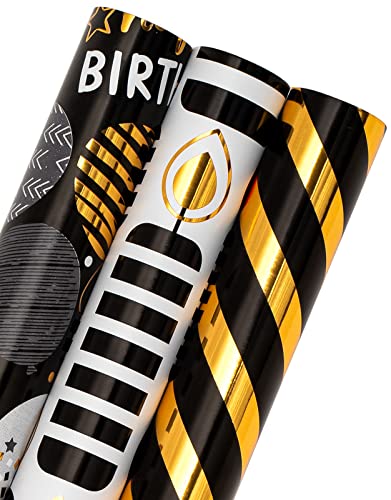 RUSPEPA Schwarz Und Gold Geburtstag Papierrollen Für Geburtstag, Hochzeit, Babyparty – 43,2 Cm X 305 Cm Pro Rolle, Insgesamt 3 Rollen von RUSPEPA