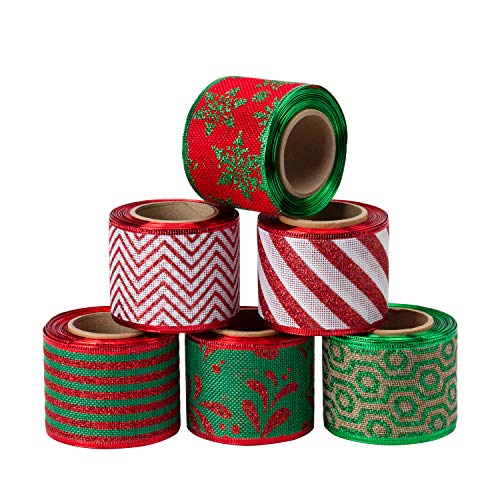 RUSPEPA Weihnachten Burlap Wired Ribbon - Edged Fabric Ribbon Set Dekorative f¨¹r DIY Handwerk und Geschenkverpackung - 6 Roll - 63 mm x 5 Yard Spool - Red & Green von RUSPEPA