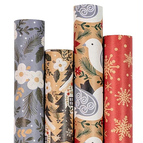 RUSPEPA Weihnachts-Geschenkpapier, Kraftpapier – Taube, Schneeflocke, Blume und Haus – 4 Rollen – 43,5 x 305 cm pro Rolle von RUSPEPA