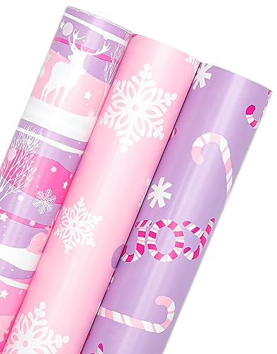 RUSPEPA Weihnachts-Geschenkpapierrolle – Mini-Rolle – 3 Rollen – 43,2 cm x 3 m pro Rolle – Rentier in Pastellrosa und Lila, Zuckerstange mit Freude, Schneeflocken-Weihnachtskollektion von RUSPEPA