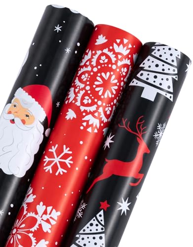 RUSPEPA Weihnachts-Geschenkpapierrolle – Mini-Rolle – 3 Rollen – 43,2 cm x 3 m pro Rolle – Weihnachtskollektion mit fröhlichem Weihnachtsmann, Schneeflocke, Rentier und Weihnachtsbaum in Schwarz von RUSPEPA