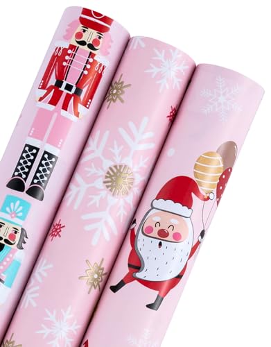 RUSPEPA Weihnachts-Geschenkpapierrolle – Mini-Rolle – 3 Rollen – 43,2 cm x 3 m pro Rolle – Weihnachtskollektion mit rosa Nussknacker, Schneeflocke, Weihnachtsmann und Elch von RUSPEPA